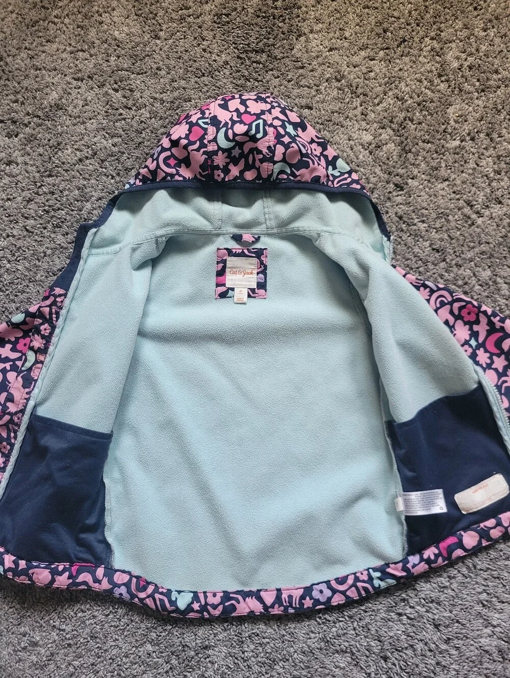 Girls' Pink & Navy Unicorn Patterned Hooded Jacket Size 5T Zipper Closure Fleece